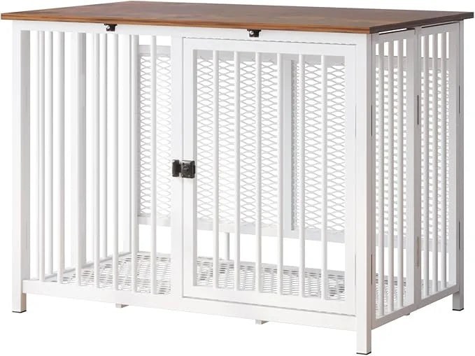 Heavy Duty Dog Crate Furniture, Fully Assembled exc. Locks, All Metal Frame & Wooden Tabletop, Modern Kennel for Small/Med...