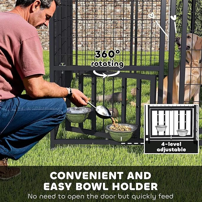 PawHut 7.9' x 4' x 6' Outdoor Dog Kennel, Welded Wire Heavy Duty Dog Run with 360° Rotating & 4 Level Adjustable Bowls, Do...