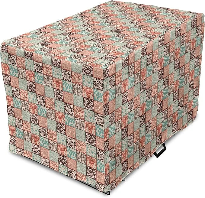 Lunarable Geometric Dog Crate Cover, Western Style Floral Motifs with Vintage Look in Checks, Easy to Use Pet Kennel Cover...