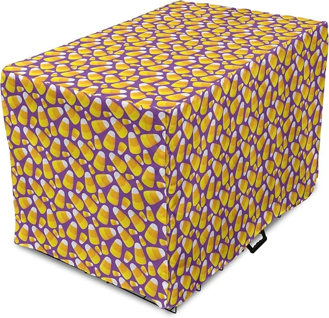 Lunarable Candy Corn Dog Crate Cover, Halloween Themed Pattern of Irregular Tasty Junk Food for Comfort, Easy to Use Pet K...