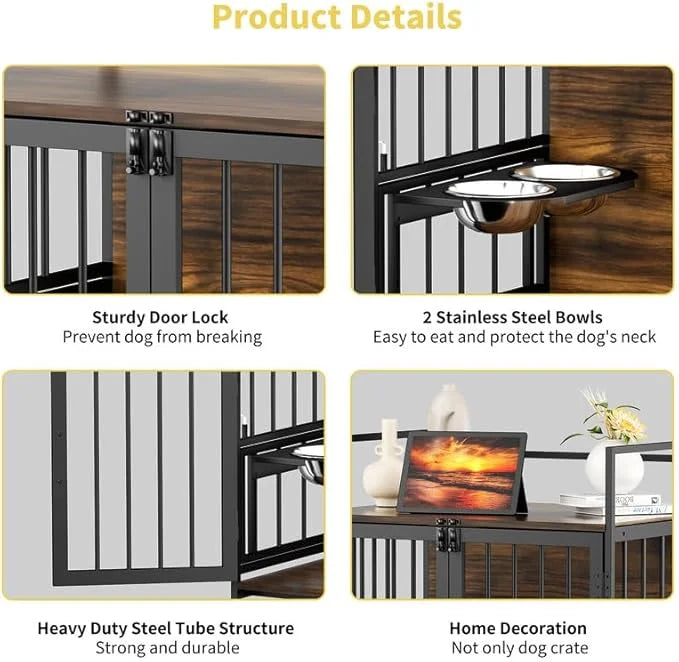 LOVMOR Dog Crate Furniture-Style Cages for Dogs Indoor Heavy Duty Super Sturdy Dog Kennels with 2 Stainless Steel Bowls an...