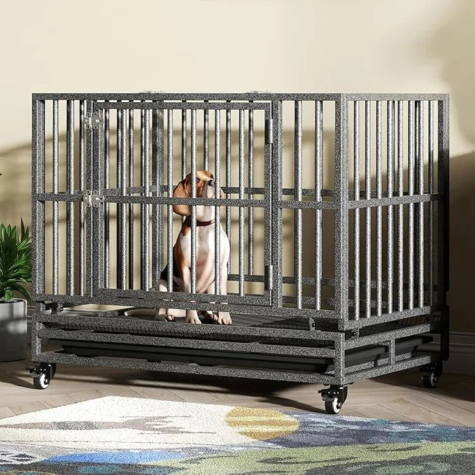 Heavy Duty Extra Large Dog Crate with Wheels - Indestructible 38/42/46 Inch Chew-Proof, Escape-Proof Kennel for High-Anxie...