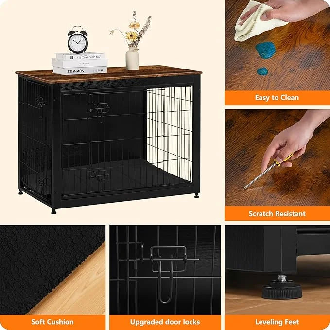 DWANTON Dog Crate Furniture with Cushion, Wooden Kennel Table with Double Doors, Indoor Dog House, Large Size, 38.5" L, Bl...