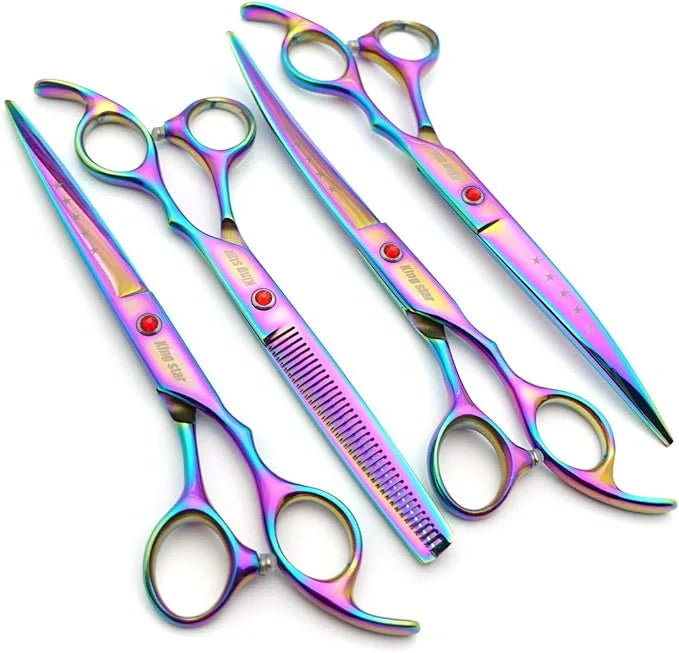 7.0in Titanium Rainbow Professional Pet Grooming Scissors Set,Straight & Thinning & Curved Scissors 4pcs Set for Dog Groom...