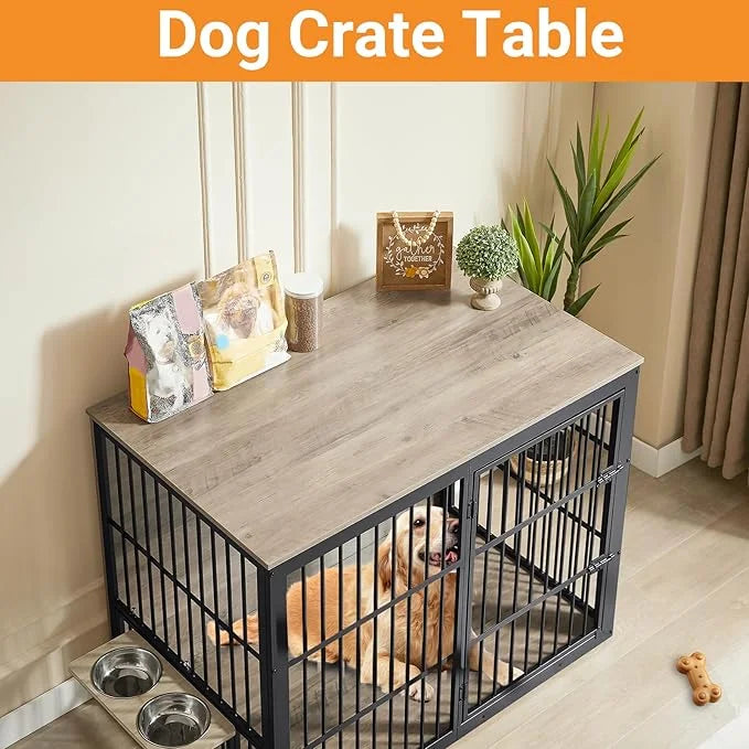 Dog Crate Furniture, 48 Inch Dog Kennel Furniture, Wooden ๐og Crate Furniture Large Breed with Rotating ๐og Bowls, Heavy D...
