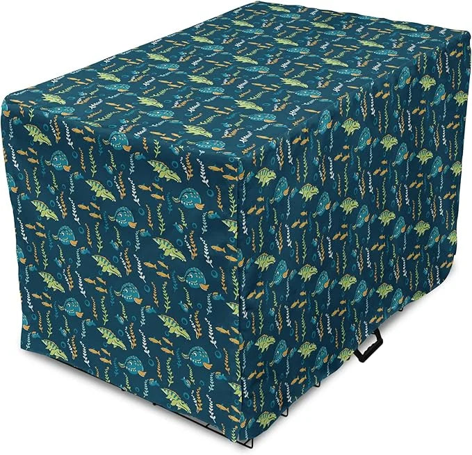 Lunarable Jurassic Dog Crate Cover, Evolution Marine Dinosaurs and Nautical Foliage Animal, Easy to Use Pet Kennel Cover f...