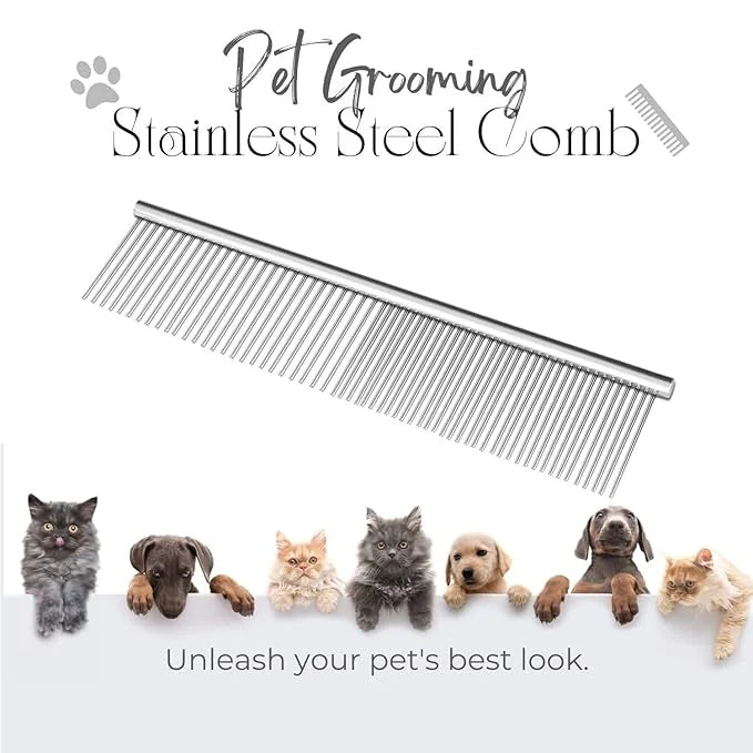 Flexzion Pet Grooming Comb Stainless Steel Cats Dogs Puppy Medium Animals Fur Trimmer Brush Accessory Tool With Smooth Tee...