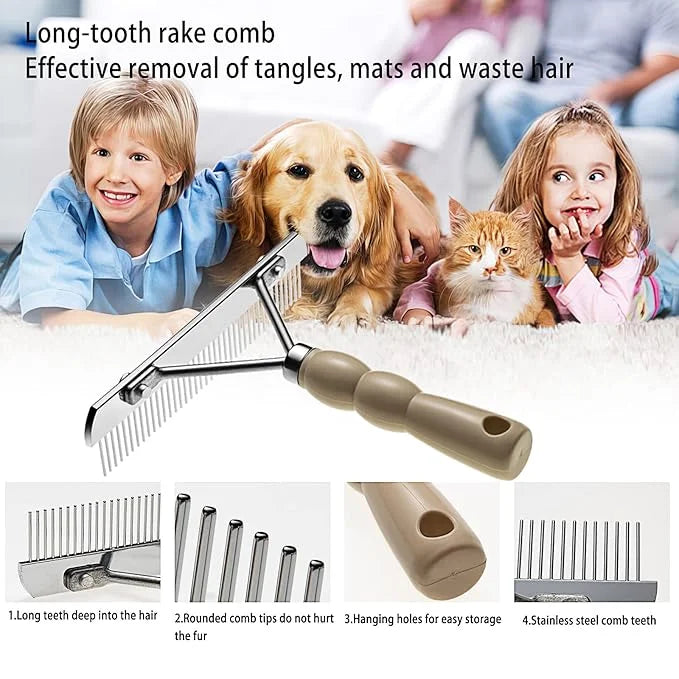 Undercoat Rake for Dogs, 2 Pack Double Coat Brush Set Long Tooth Undercoat Brush & Flea Comb, Long Hair Dog Combs for Groo...