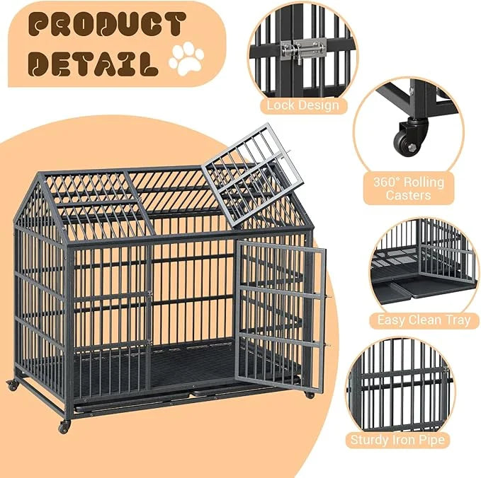 Heavy Duty Dog Crate, 52 Inch Dog Crate with Double Door, 360° Lockable Wheels and Removable Tray, Easy to Assembly,Indoor...