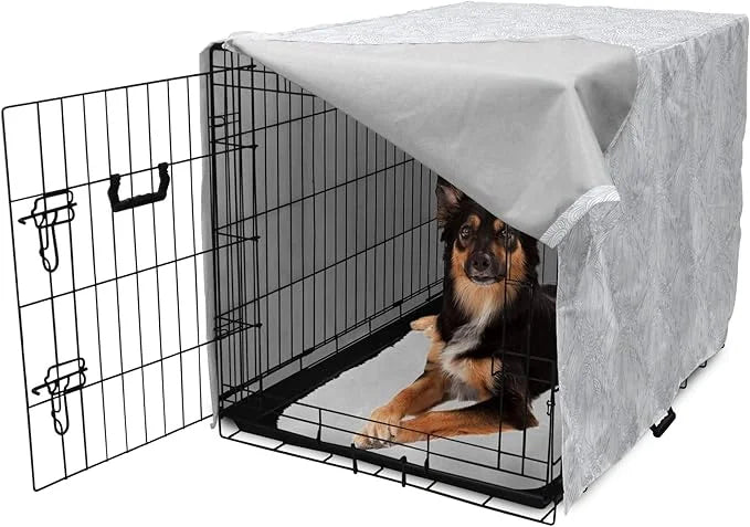 Ambesonne Grey and White Dog Crate Cover, Doodle Style Botanical Leaves Pattern Shabby Ornamental, Easy to Use Pet Kennel ...