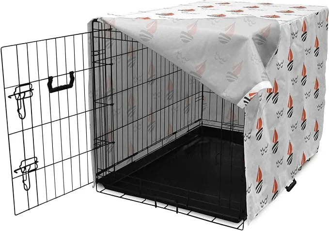 Lunarable Sail Boat Dog Crate Cover, Abstract Boat Waves Cartoon Drawing Style Geometric Pattern, Easy to Use Pet Kennel C...