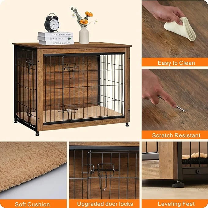 DWANTON Dog Crate Furniture with Cushion, Wooden Kennel Table with Double Doors, Indoor Dog House, Medium Size, 32.5" L, W...