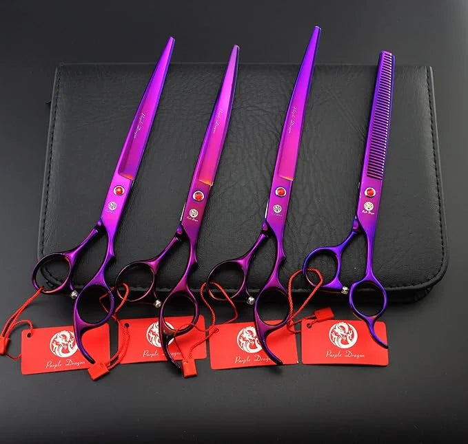 Purple Dragon 8.0 inch Professional Pet Grooming Scissors,Dog Straight Shear, Thinning/Blending Scissor & 2 PCS Curved She...