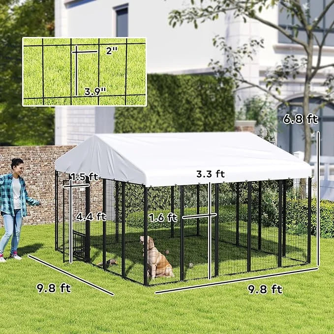 PawHut 9.8' x 9.8' x 6.8' Outdoor Dog Kennel, Welded Wire Heavy Duty Dog Run with 360° Rotating & 4 Level Adjustable Bowls...