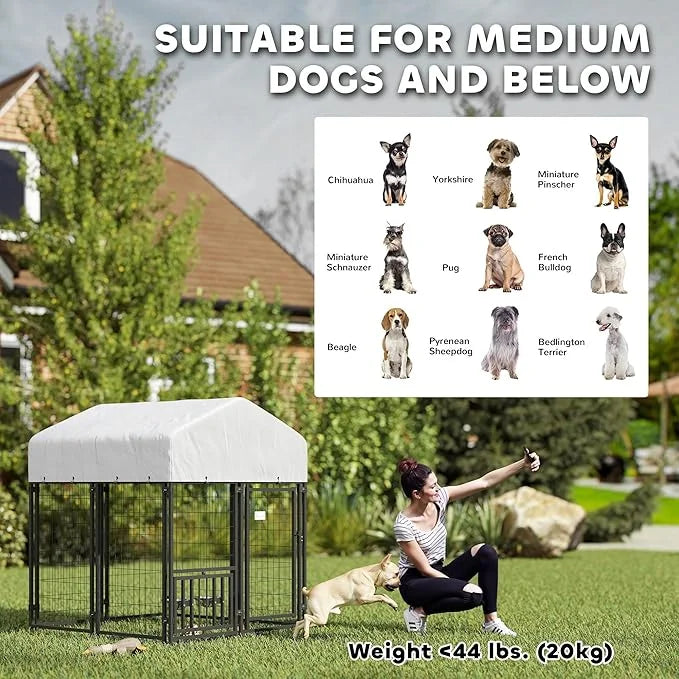 PawHut 3.9' x 3.9' x 4.5' Outdoor Dog Kennel, Welded Wire Heavy Duty Dog Run with 360° Rotating & 4 Level Adjustable Bowls...
