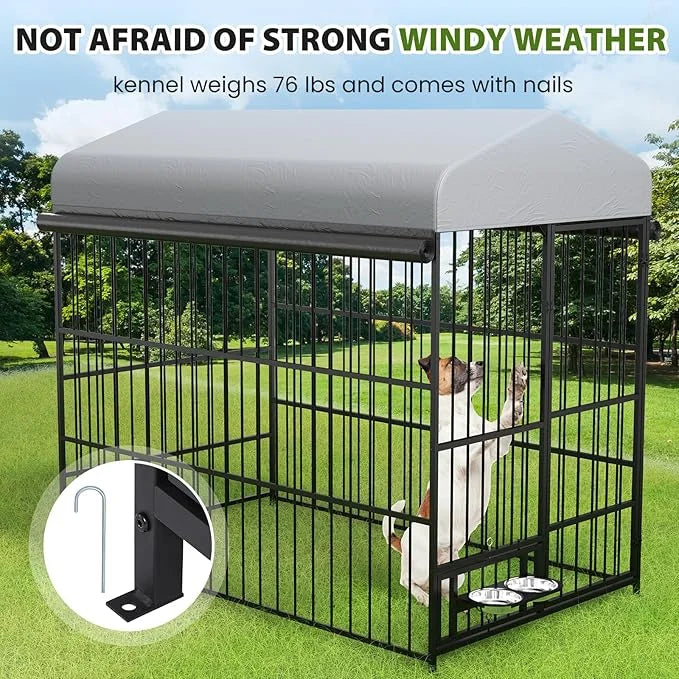 Rovibek Outdoor Dog Kennel with Roof, Dog Kennel Outside Heavy Duty Dog Playpen, Dog Run Enclosure with 2 Rotating Bowl & ...