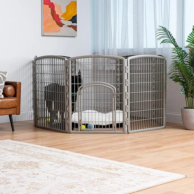 IRIS USA Dog Playpen, 8-Panel 34" Pet Playpen with Door, Puppy Playpen, Indoor/Outdoor Dog Pen, 63 x 63 x 34, Foldable, Cu...