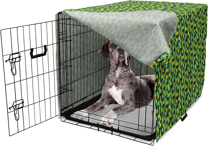 Lunarable Yellow and Blue Dog Crate Cover, Vivid Colored Squares Funky Simple Retro Style Grid Tile, Easy to Use Pet Kenne...