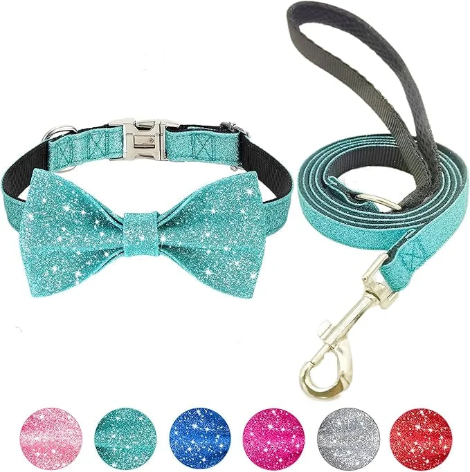 Bling Bow Tie Dog Collar and Leash Set, Cute Teal Boy Dog Collar with Bow and 5ft Leash for Small Medium Dogs Daily Walkin...