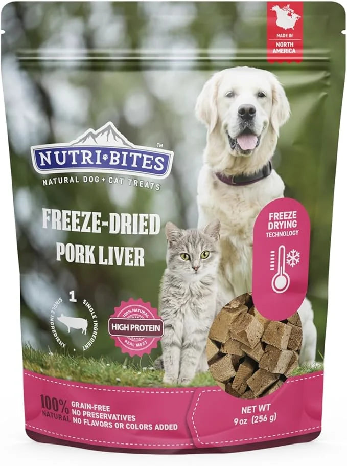 NutriBites Freeze Dried Pork Liver Dog & Cat Treats, 9 oz | Healthy Pet Training Treats or Food Topper | All Natural, Sing...