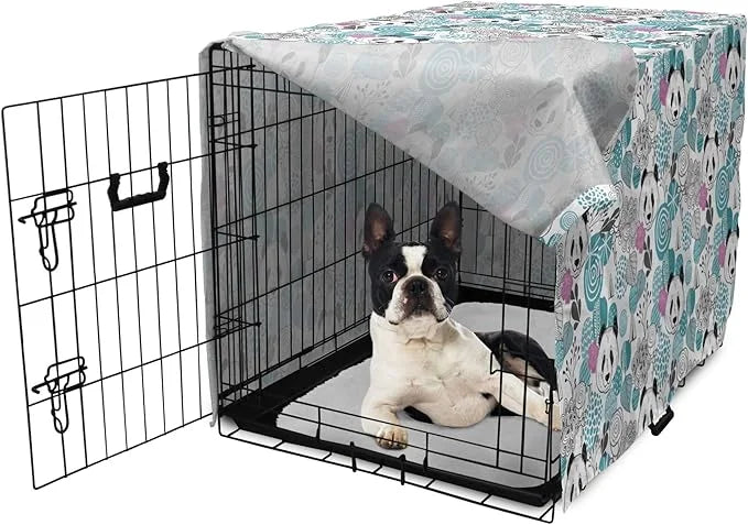 Lunarable Panda Dog Crate Cover, Portraits of Chinese Bears on Sketch Flowers and Abstract Circular Shapes, Easy to Use Pe...