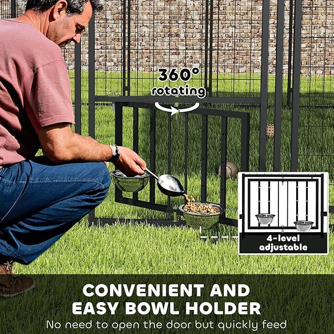 PawHut 9.8' x 9.8' x 6.8' Outdoor Dog Kennel, Welded Wire Heavy Duty Dog Run with 360° Rotating & 4 Level Adjustable Bowls...