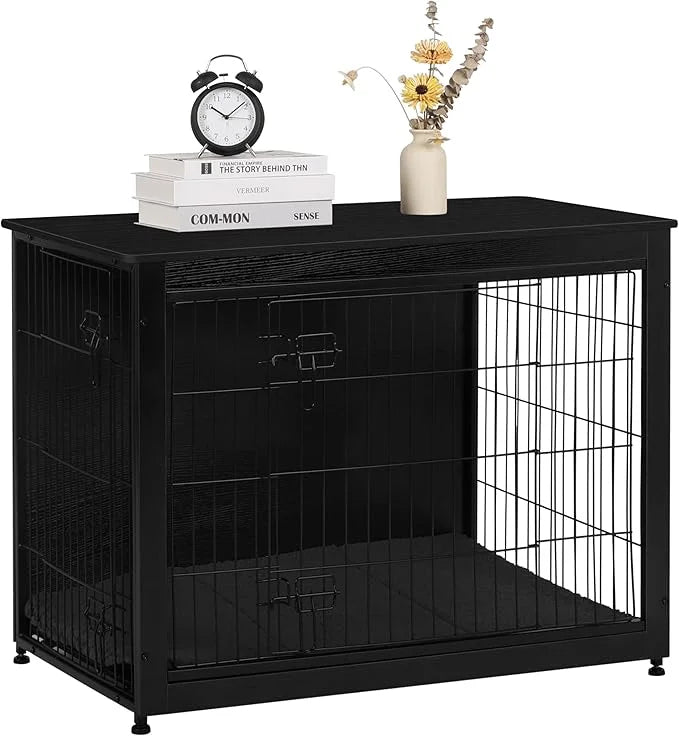 DWANTON Dog Crate Furniture with Cushion, Wooden Kennel Table with Double Doors, Indoor Dog House, Large Size, 38.5" L, Bl...