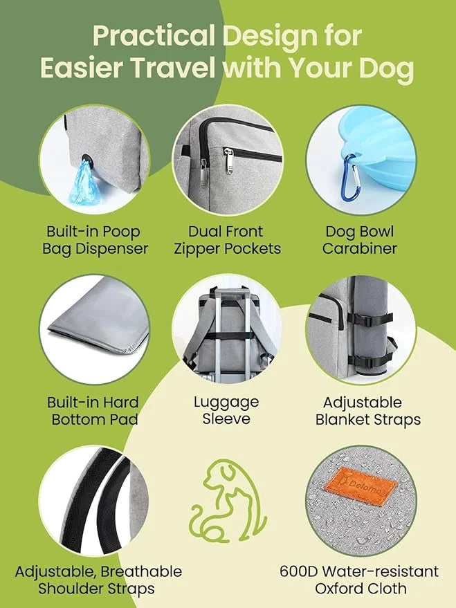 Dog Travel Bag, Airline Approved Organizer Backpack with Multi-Function Pockets, 25L Accessories Set with 2 Food Storage C...