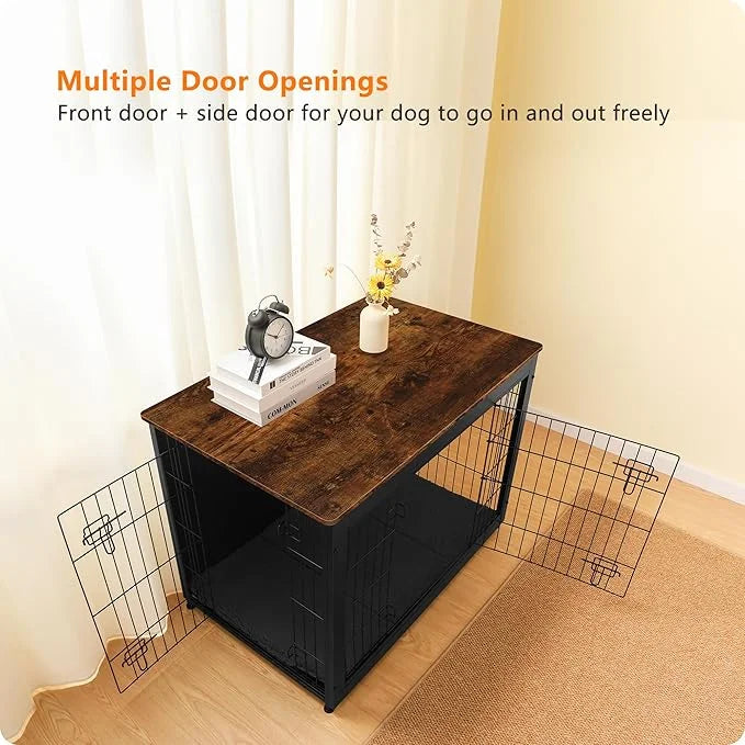 DWANTON Dog Crate Furniture with Cushion, Wooden Kennel Table with Double Doors, Indoor Dog House, Large Size, 38.5" L, Bl...