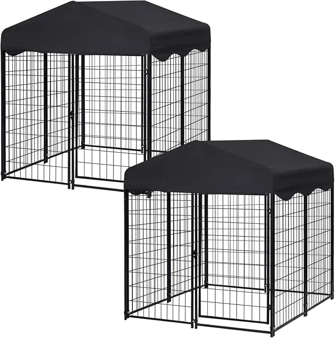 Heavy Duty Outdoor Dog House - Large Kennel with Roof, 4'L x 4'W x 4.5'H - Black Dog Crate with Cover, 2 Set - Product Image