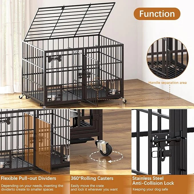 Dosker 48/42 inch XL Dog Crate for Large Dog/Double Medium Dogs,Heavy Duty Metal Dog Cages,All Metal Open Top Stackable,Do...
