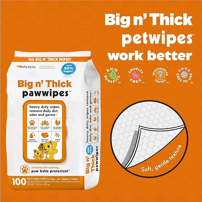 Petkin Big N' Thick Paw Wipes for Dogs, 100 Large Wipes (4 Pack) - Clean Dirty Paws After Walks, with Paw Balm Protectant ...