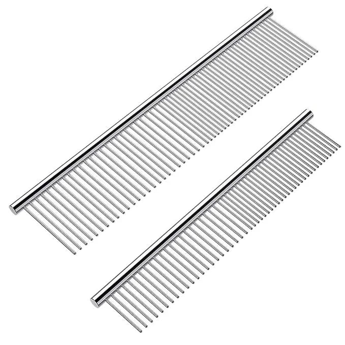 2 Pack Dog Combs with Rounded Ends Stainless Steel Teeth, Cat Comb for Removing Tangles and Knots, Professional Grooming T...