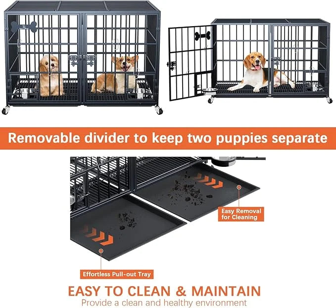 Dosker 42 inch Heavy Duty Metal Dog Crate Cage with Divider for 2 Dogs/Large Dog,All Metal Open Top Escape Proof Cage,Dog ...