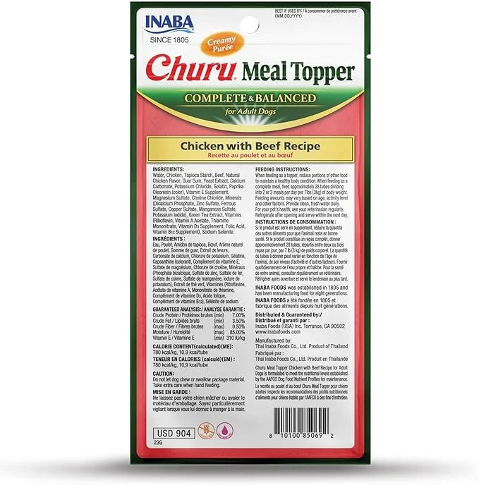 INABA Churu Meal Topper for Dogs, Complete & Balance, Creamy, Lickable Purée Dog Food Topper, 0.5 Ounce Tube, 24 Tubes (4 ...