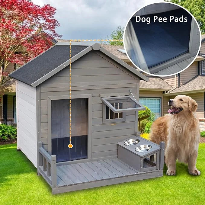 Outdoor Large Dogs House with Spacious Terrace,Open Waterproof Asphalt Roof Dog Kennel W/Breathable Window & 2 Feeding Sta...