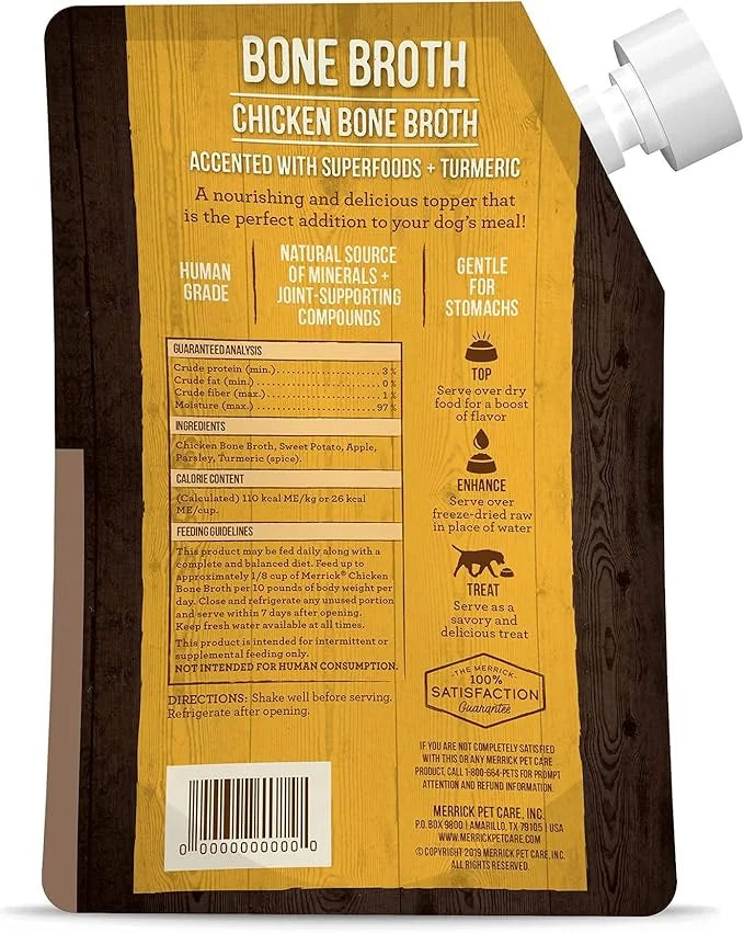 Merrick Grain Free Bone Broth, Premium Human Grade And Gluten Free Dog And Cat Food Topper Pouches, Chicken - 16 oz. Pouch...
