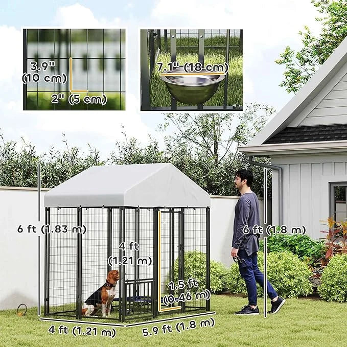 PawHut 5.9' x 4' x 6' Outdoor Dog Kennel, Welded Wire Heavy Duty Dog Run with 360° Rotating & 4 Level Adjustable Bowls, Do...