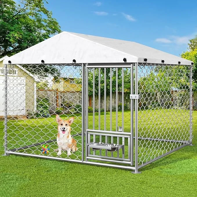 6.7 x 6.7 ft Dog Kennel Outside - Outdoor Dog Kennel with Roof, Heavy Duty Outdoor Dog Kennel with Rotating Feeding Bowls,...