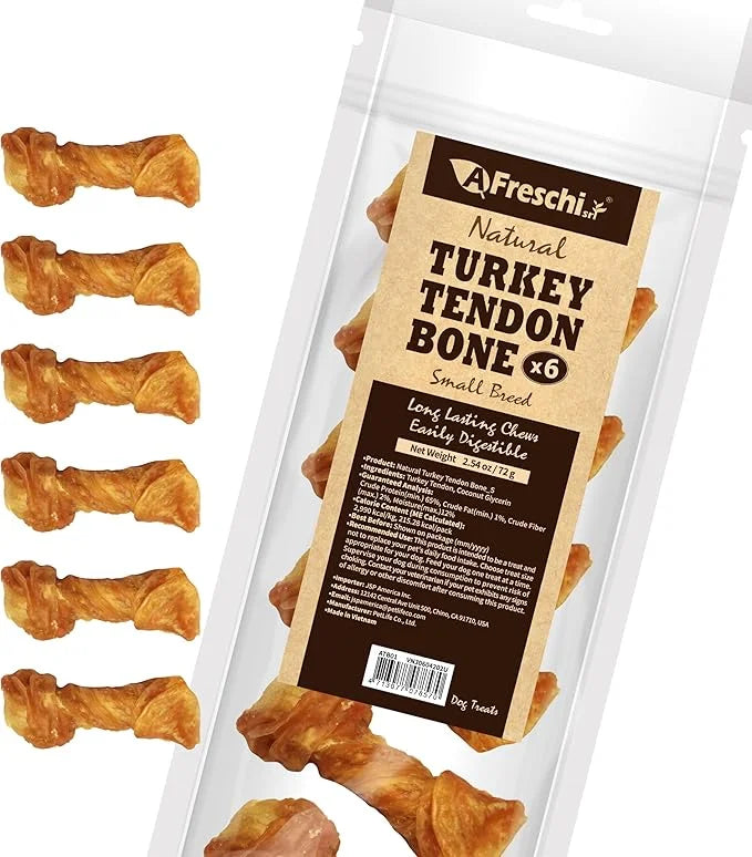 Afreschi Turkey Tendon for Dogs, Small Bone 6 Pieces per Pack, USA-Sourced Turkey, All Natural Human Grade Puppy Chew, Hyp...