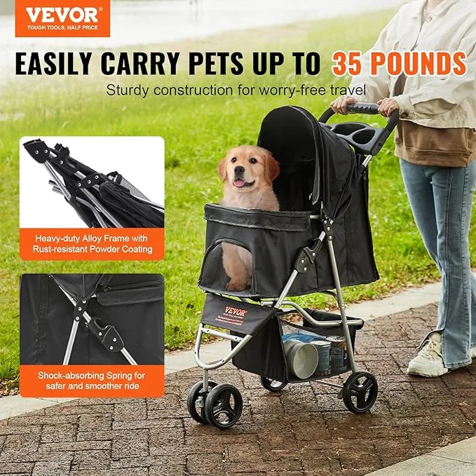 VEVOR Pet Stroller for Dogs and Cats up to 35lbs, 3 Wheels Folding Dog Cat Stroller for Medium Small Dogs, Portable Lightw...