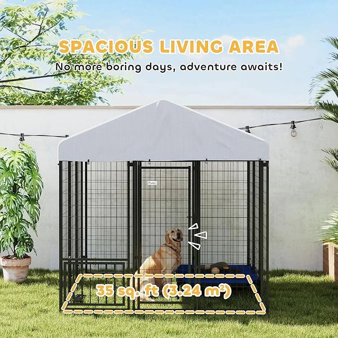PawHut 5.9' x 5.9' x 6' Outdoor Dog Kennel, Welded Wire Heavy Duty Dog Run with 360° Rotating & 4 Level Adjustable Bowls, ...