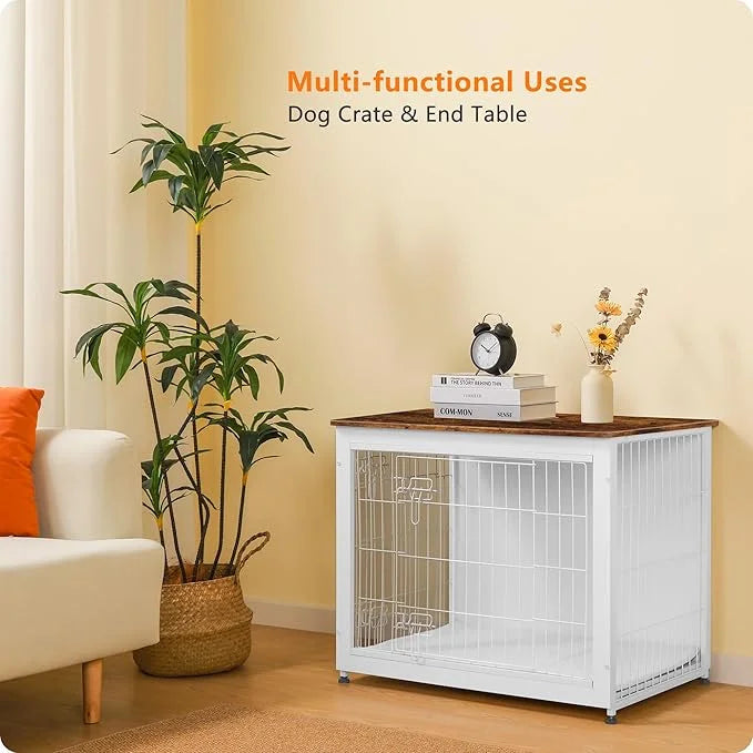 DWANTON Dog Crate Furniture with Cushion, Wooden Kennel Table with Double Doors, Indoor Dog House, Medium Size, 32.5" L, W...