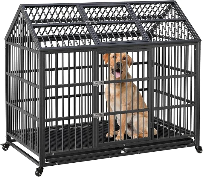 Heavy Duty Dog Crate, 52 Inch Dog Crate with Double Door, 360° Lockable Wheels and Removable Tray, Easy to Assembly,Indoor...