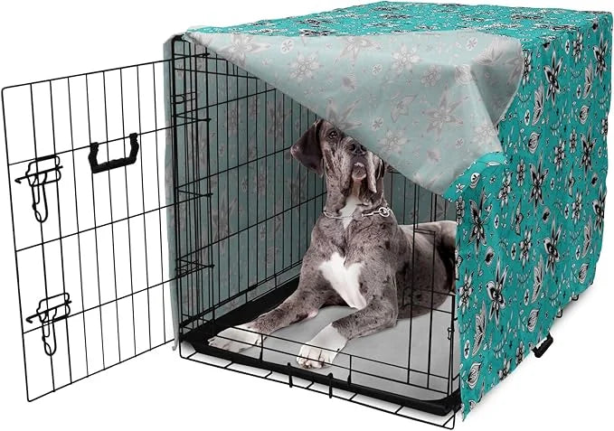 Lunarable Flower Dog Crate Cover, Abstract Monochrome Floral with Botanical Items, Easy to Use Pet Kennel Cover for Medium...