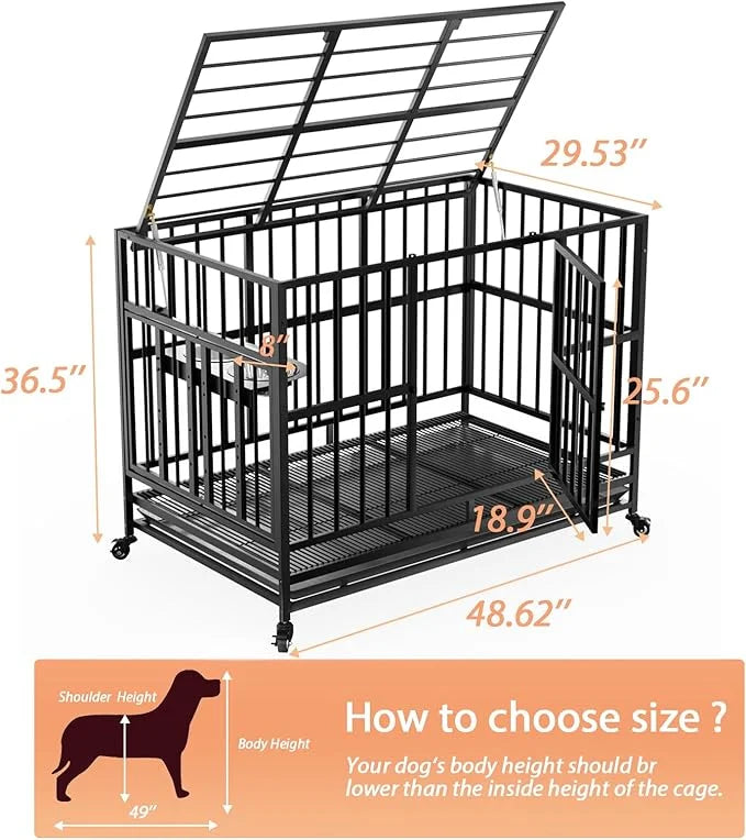 LOVMOR 48" Heavy-Duty Dog Crate with Wheels, Air-Lift Top, Dual 360° Adjustable Bowls – Ideal for Large Dogs - Product Image