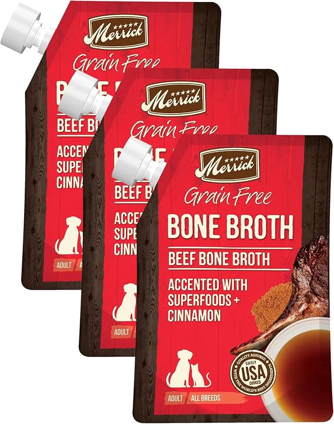 Merrick Grain Free Bone Broth, Premium Human Grade And Gluten Free Dog And Cat Food Topper Pouches, Beef - 16 oz. Pouch (P...