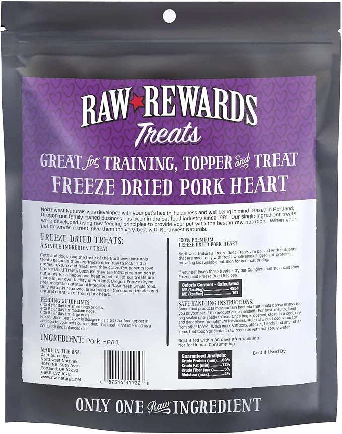 Northwest Naturals Raw Rewards Freeze-Dried Pork Heart Treats for Dogs and Cats - Bite-Sized Pieces - Healthy, 1 Ingredien...