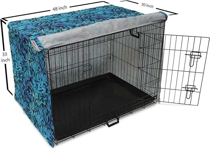 Lunarable Leaf Print Dog Crate Cover, Watercolor Hawaiian Inspired Nature Exotic Silhouettes on Dark Back, Easy to Use Pet...