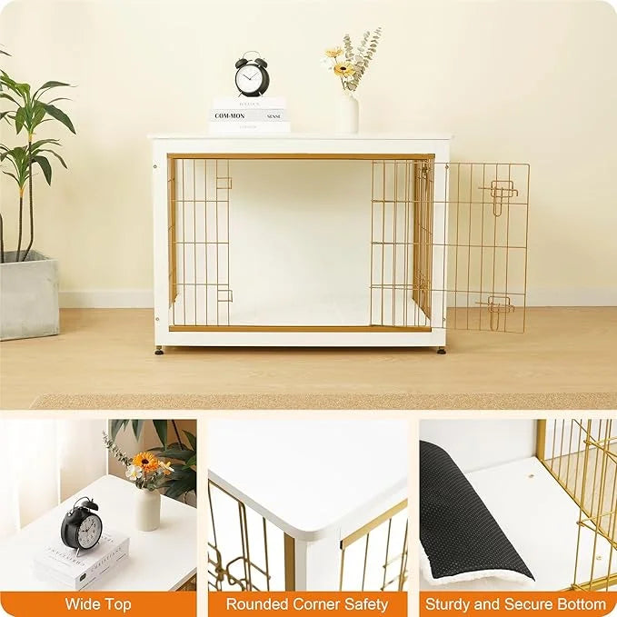 DWANTON Dog Crate Furniture with Cushion, Wooden Kennel Table with Double Doors, Indoor Dog House, Large Size, 38.5" L, Wh...